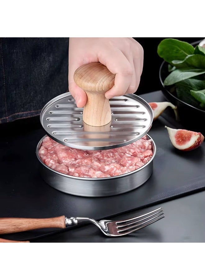 Round Hamburger Press Patty Maker - Non-Stick stainless steel Tool with Wooden Handle for Perfect Burgers - Image 4